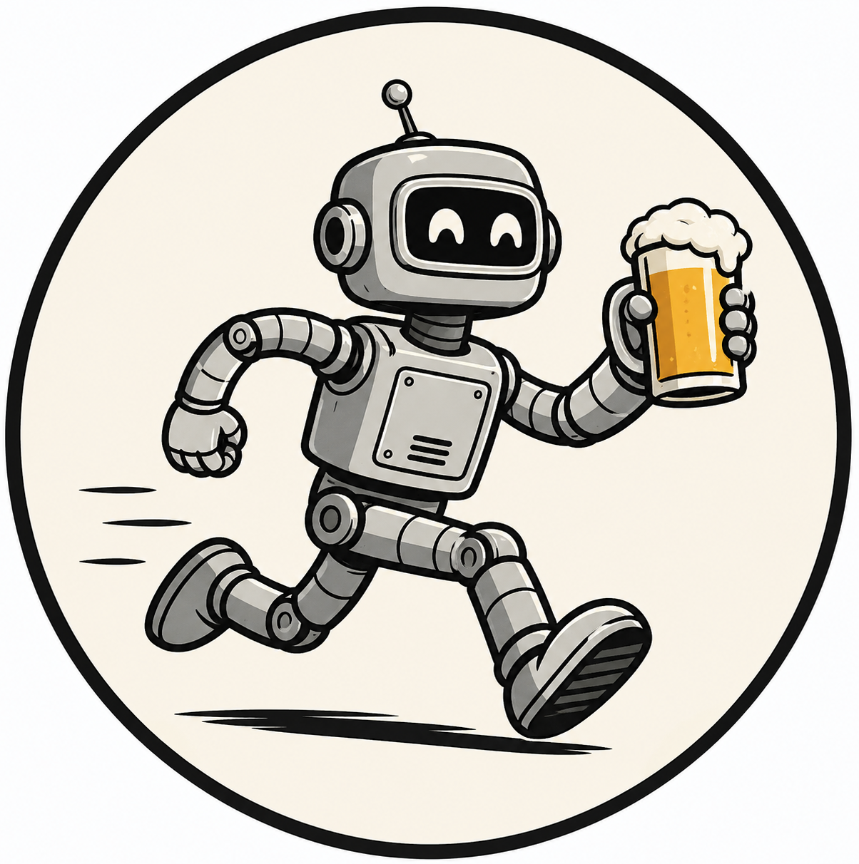 A cartoon robot running while holding a foaming beer mug.